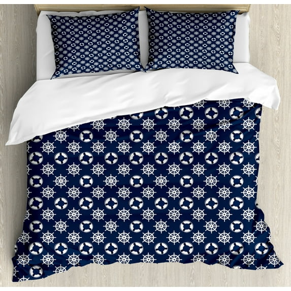 Nautical Blue Duvet Cover Set Queen Size, Summer Marine Patter with Buoy and Wheel, Decorative 3 Piece Bedding Set with 2 Pillow Shams, Blue White, by Ambesonne
