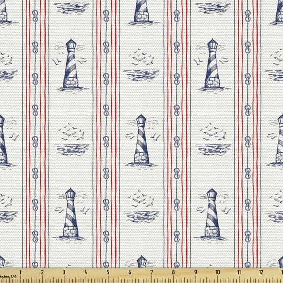 Nautical Blue Fabric by the Yard, Vintage Marine Themed Pattern of Lighthouse and Ropes, Decorative Upholstery Fabric for Chairs & Home Accents, 3 Yards, Night Blue Vermilion by Ambesonne