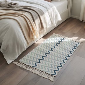 Nautical Blue Herringbone Boho Hallway Runner Rug 2x3ft, Kitchen Runner Rug Tassel Rugs, Abstract Geometric Wavy Lines Area Rugs Floor Carpet for Living Room Bedroom Entryway