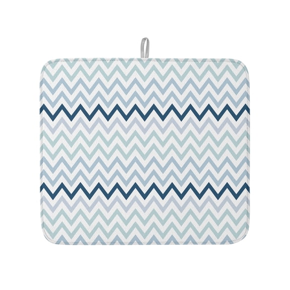 Nautical Blue Herringbone Dish Drying Mats for Kitchen Counter,Absorbent Microfiber Dish Drainer Rack Mat Abstract Geometric Wavy Lines Drying Pad for Sinks,Utensils,Countertops,16x18in