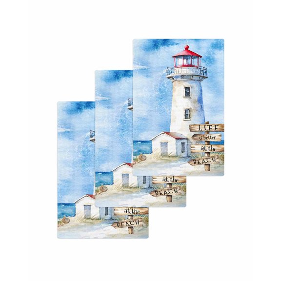 Nautical Blue Kitchen Dish Towels for Drying Dishes Set of 3, Lighthouse Ocean Sailboat Summer Painting Waffle Weave Microfiber Terry Hand Tea Bathroom Towels Quick Dry & Absorbent Towel 15.7x23.6
