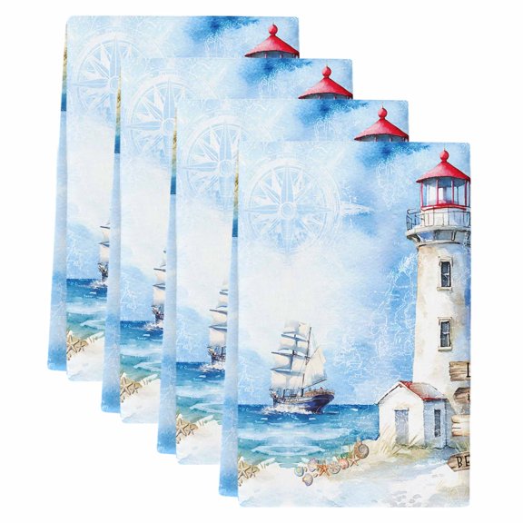 Nautical Blue Kitchen Towels Set of 4, Absorbent Microfiber Dish Tea Towels with Hanging Loop, Lighthouse Ocean Sailboat Summer Painting Resuable Hand Towel for Home Kitchen Cooking Cleaning 18"x28"