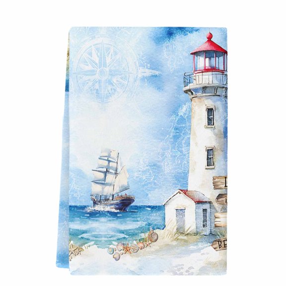 Nautical Blue Microfiber Kitchen Towel, Lighthouse Ocean Sailboat Summer Painting Soft Absorbent Dish Towels, Quick Drying Washable Dishcloths for Kitchen Cleaning, Drying Dishes, 18x28 Inches