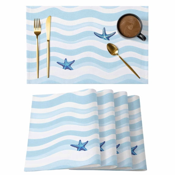 Nautical Blue Ocean Wave Placemats Set of 6,Wipeable Washable Table Mats for Dining Tables, Marine Theme Starfish Place Mats for Kitchen Event Party Tabletop Decor