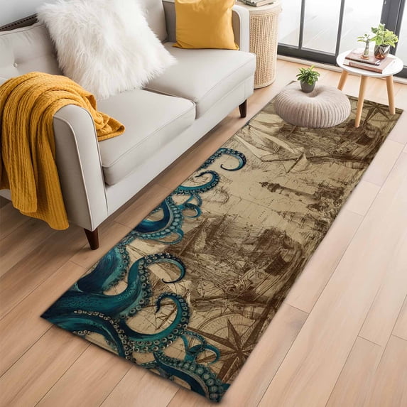 Nautical Blue Octopus 2'x6' Runner Rugs for Hallway Kitchen Bedside Non Slip Washable, Coastal Ocean Summer Vintage Sea Entryway Rug Runners with Rubber Backing, Long Carpet Runner for Laundry Room