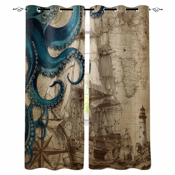 Nautical Blue Octopus Blackout Curtains for Bedroom Living Room Darkening Curtains 54 Inch Long Coastal Ocean Summer Vintage Sea Short Curtain for Small Window Treatment Grommet Drapes 42"x54"x2