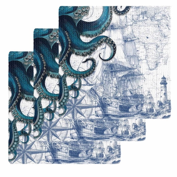 Nautical Blue Octopus Kitchen Dish Towels for Drying Dishes Set of 3, Coastal Ocean Summer Boat Waffle Weave Microfiber Hand Tea Bathroom Towels Quick Dry & Absorbent Towel 12x12