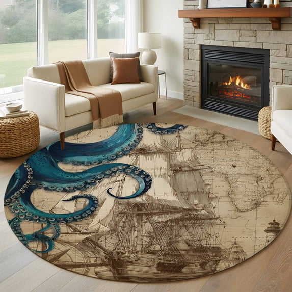 Nautical Blue Octopus Round Area Rug 6Ft Washable Circle Rugs for Bathroom Office, Coastal Ocean Summer Vintage Sea Non-Slip Carpet Floor Mats Indoor Outdoor Carpet Runner Aesthetic Home Decor