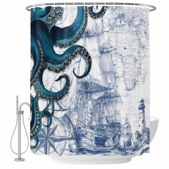 Nautical Blue Octopus Shower Curtain, Waterproof Shower Curtains for Bathroom, Coastal Ocean Summer Boat Washable Fabric Bathtub Curtain Set Bath Decor with 12 Hooks 72"x78"