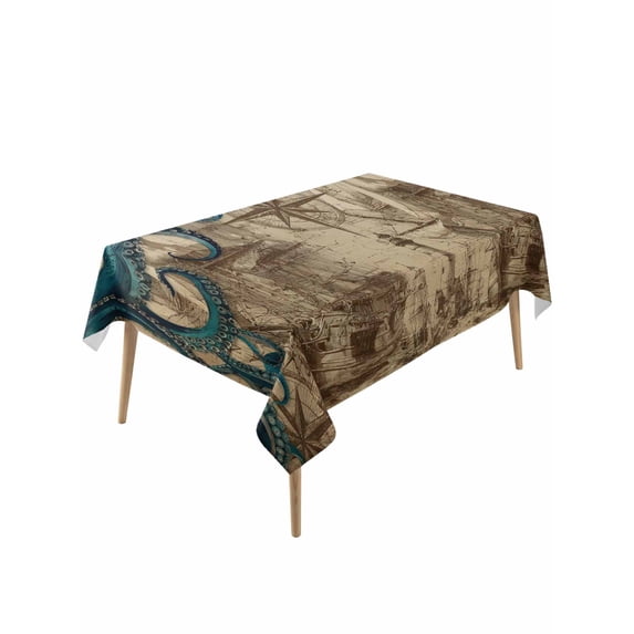 Nautical Blue Octopus Table Cloth, Waterproof Tablecloth for Rectangle Tables, Coastal Ocean Summer Vintage Sea Reusable Washable Fabric Table Cover for Restaurant Kitchen Dining Tables 60"x120"