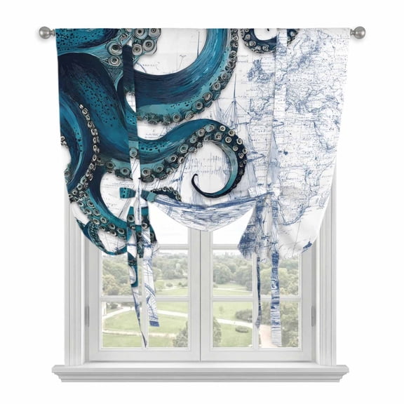 Nautical Blue Octopus Tie Up Curtains for Windows, Adjustable Balloon Window Shades, Coastal Ocean Summer Boat Kitchen Window Treatments Farmhouse Short Curtains with Rod Pocket 42"x45"
