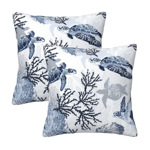 Nautical Blue Pillow Covers Set of 2, Coastal Beach Themed Coral Sea Turtle Navy Decorative Throw Pillows Cases Cushion Cover for Couch Sofa Bedroom Living Room Car, Home Decor, 18x18 Inch, Blue