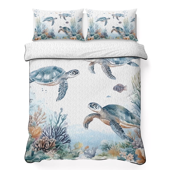Nautical Blue Queen Quilt Bedding Set, Sea Turtles Colorful Coral Fish Ocean Beach Lightweight Comforter with 2 Pillow Shams Bedroom Bedspread Set Home Decor for All Seasons