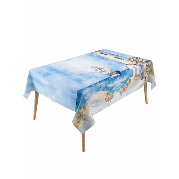 Nautical Blue Rectangle Tablecloth, Lighthouse Ocean Sailboat Summer Painting Waterproof & StainResistant Tablecloth, Washable Oil-proof Table Cover for Dining/Party/Wedding/Camping/Buffet 60x120 In
