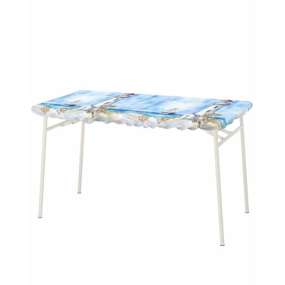 Nautical Blue Rectangle Tablecloth, Waterproof Elastic Fitted Table Covers for 8 Foot Tables, 32x96inch Decorative Tablecloths for Picnic, Camping, Outdoor, Lighthouse Ocean Sailboat Summer Painting