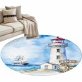 thumbnail image 1 of Nautical Blue Round Area Rug 4 FT, Non Slip Indoor Outdoor Rug, Lighthouse Ocean Sailboat Summer Painting Washable Soft Circular Carpet Non-Shedding Floor Mat for Coffee Table Nursery Foyer Balcony, 1 of 9