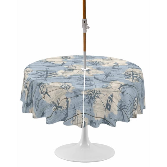 Nautical Blue Round Outdoor Tablecloth, Waterproof Table Cloth Cover with Umbrella Hole and Zipper, Sailing Anchor Compass Lighthouse Fish Table Protector for Patio Party Picnic 54" Round