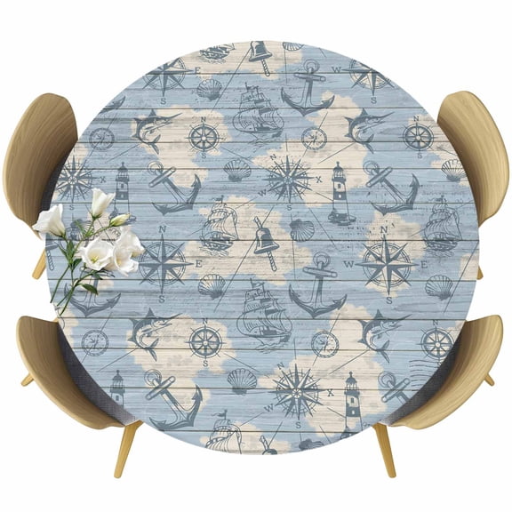 Nautical Blue Round Tablecloth, Fitted Table Cover with Elastic for 36"-44" Round Tables, Sailing Anchor Compass Lighthouse Fish Table Cloth Outdoor Indoor Dinning Party Waterproof Tablecloths