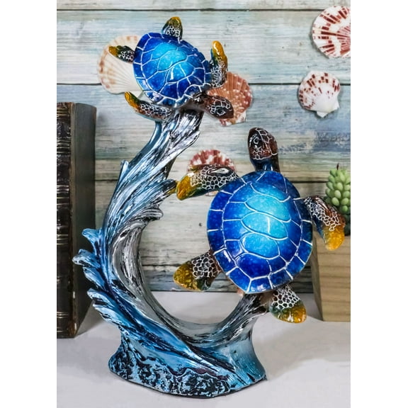 Nautical Blue Sea Turtle And Baby Swimming By Ocean Currents And Waves Figurine