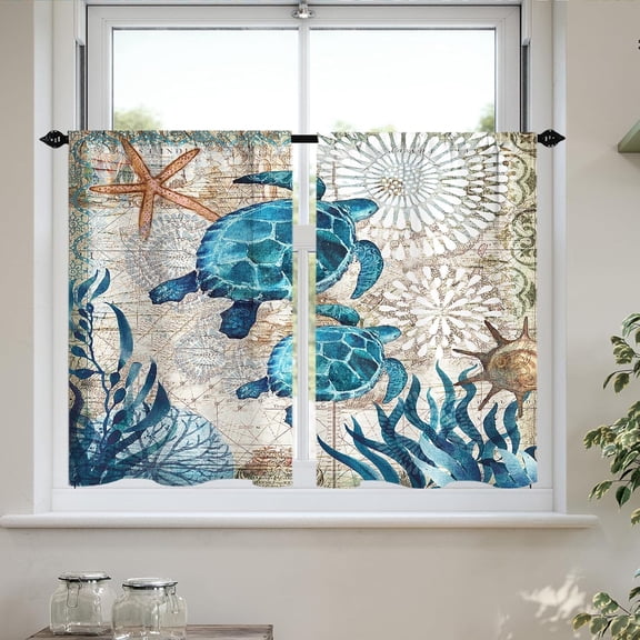 Nautical Blue Sea Turtles Beach Short Kitchen Window Curtains Ocean Starfish Half Bathroom Curtain for Bedroom Set of 2 Panels 27.5 W x 39 L Inches