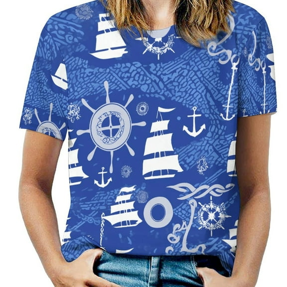 Nautical Blue Ships Pattern-2 Women's Short Sleeve Tops Casual Blouses T Shirt