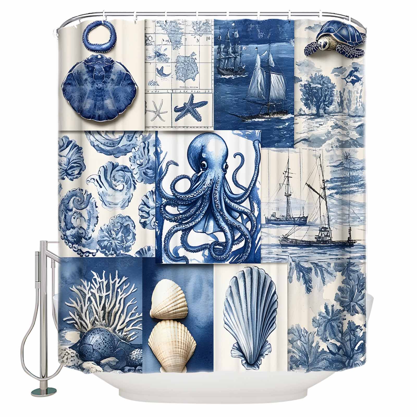 Nautical Blue Shower Curtains for Bathroom Waterproof Fabric Bath Curtains Decor Bath Tub Curtain Coastal Turtle Octopus Coral Shell Boat Decorative Shower Curtain Sets with 12 Hooks, 72x72 Inch