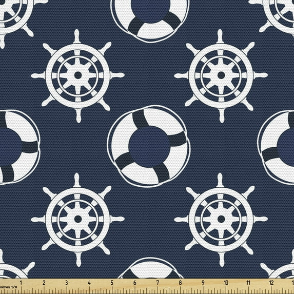 Ambesonne Nautical Blue Fabric by the Yard Upholstery, and Wheel, 2 Yards, Blue White