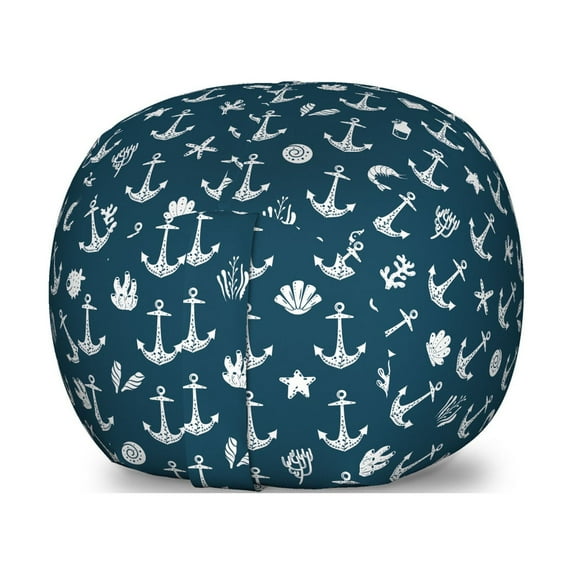 Nautical Blue Storage Toy Bag Chair, Repetitive Anchor Starfish Coral and Shells Symmetric Pattern, Stuffed Animal Organizer Washable Bag, Large Size, Dark Petrol Blue White, by Ambesonne