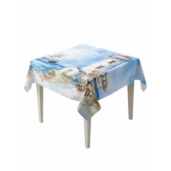 Nautical Blue Suqare Tablecloth - 54 x 54 Inch, Lighthouse Ocean Sailboat Summer Painting Waterproof & StainResistant Tablecloth, Oil-proof Table Cover for Dining/Party/Wedding/Camping/Buffet
