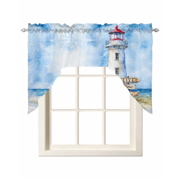 Nautical Blue Swag Curtains for Kitchen Lighthouse Ocean Sailboat Summer Painting Valances for Windows Rod Pocket Small Window Treatment Short Topper for Cafe Bedroom Bathroom Decor 56x36 Inch