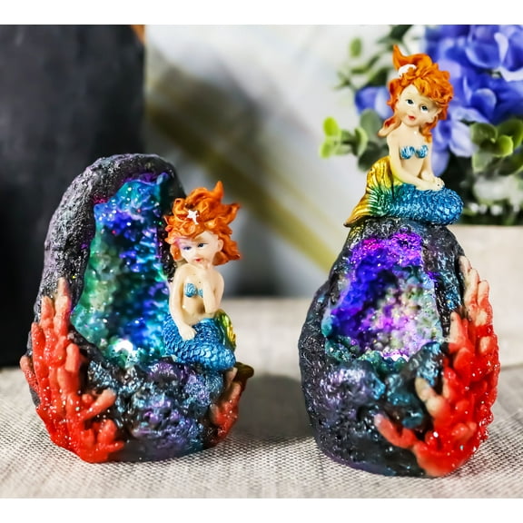 Nautical Blue Tail Mermaids With LED Light Geode Crystal Cave Figurines Set Of 2