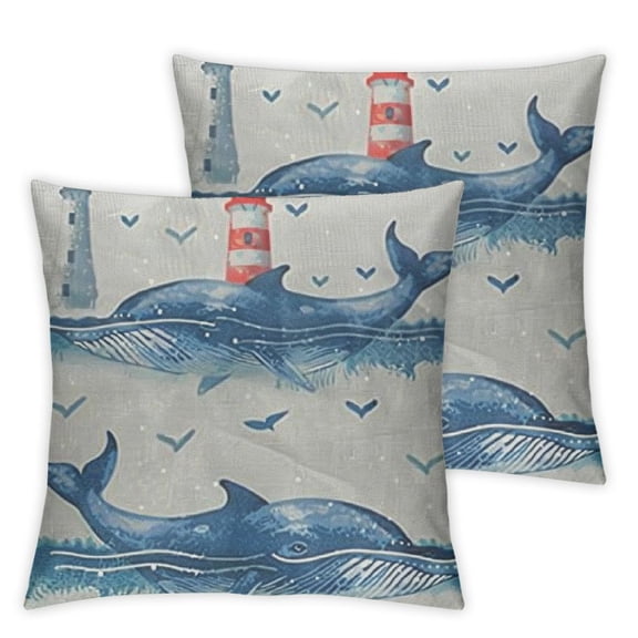 Nautical Blue Throw Pillow Cushion Case, Marine Themed Pattern of Whale Lighthouse and Starfish, Decorative Square Accent Pillow Cover,, Violet Blue Ceil Blue