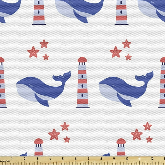 Ambesonne Nautical Blue Fabric by the Yard Upholstery, Whale and Lighthouse, 2 Yards, Violet Blue Ceil Blue
