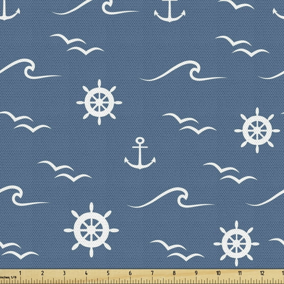 Ambesonne Nautical Blue Fabric by the Yard Upholstery, Marine Wheel Anchor, 1 Yard, Slate Blue and White