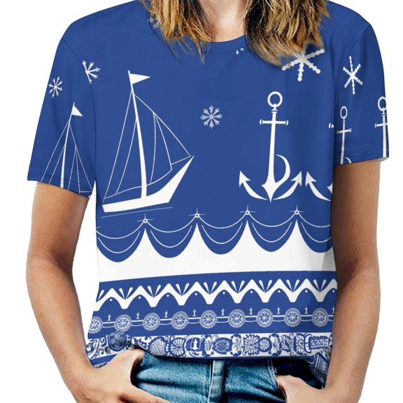Nautical Blue White Print Women's T-Shirt Short Sleeve T Shirts Tops Tee Ladies Loose T