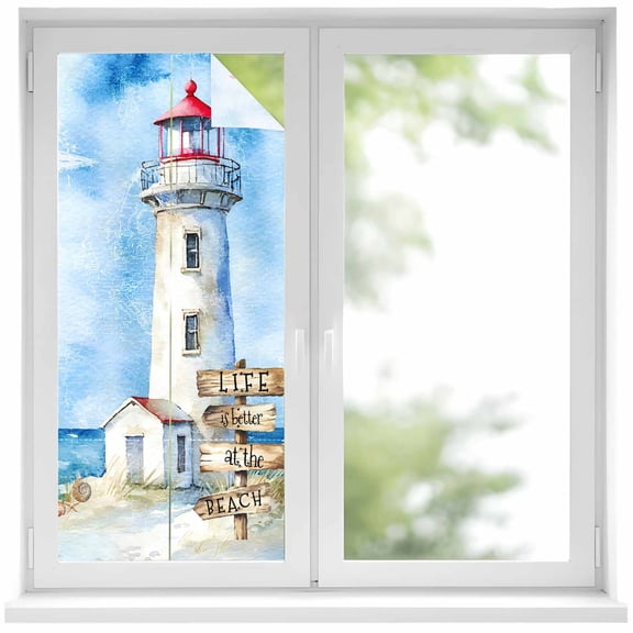 Nautical Blue Window Privacy Film, Lighthouse Ocean Sailboat Summer Painting Static Cling UV Sun Blocking Heat Control Window Tint, Non-Adhesive One Way Windows Privacy Cover 17.7''x39.3''