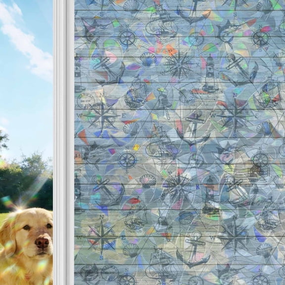 Nautical Blue Window Privacy Film Stain Glass,Reusable Decorative Rainbow Window Film,Sailing Anchor Compass Lighthouse Fish Static Cling Sun Blocking Stickers Decals Covers 29.5" x 118" (2pcs)