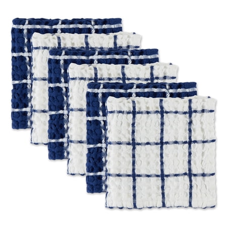 Nautical Blue Windowpane Oversized Washed Waffle Dishcloth, 6 Piece