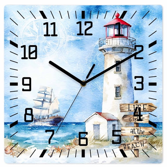 Nautical Blue Wooden Wall Clock Silent Non Ticking, Lighthouse Ocean Sailboat Summer Painting Square Wall Clocks Battery Operated, Decor Clock for Home Office, Living Room, Kitchen, 12 Inch
