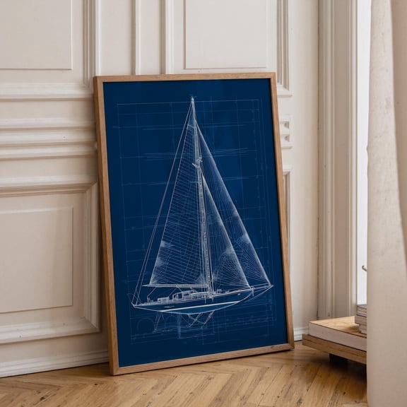 Nautical Blueprint Sailboat Technical Drawing Ship Plan Maritime Décor Navy Blue Masculine Office, Unframed Poster