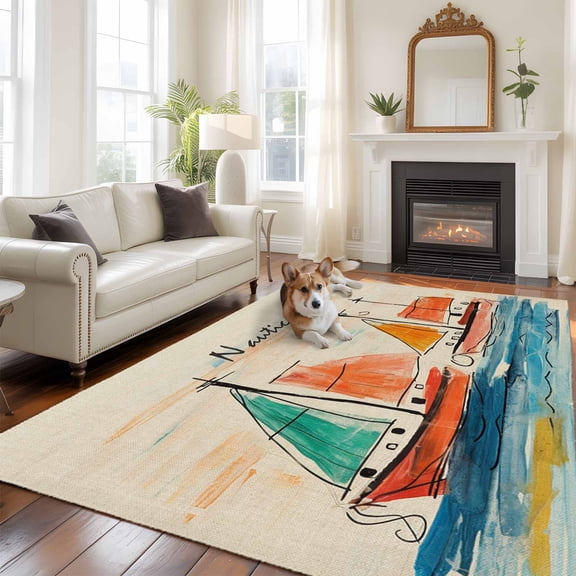 Nautical Boat, Area Rug 5x8 FT, Non Slip Bedroom Throw Carpet, Coastal Sailing Ship Ocean Painted Sea Washable Soft Floor Carpet Non-Shedding Rug for Living Room Nursery Dorm Office