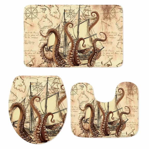 Nautical Boat Bathroom Rugs Set Retro Octopus Sailing Sailing Brown Non Slip Absorbent Soft Bath Mats 3 Piece Set with Bathroom Rug, U-Shaped Floor Mat, Toilet Seat Cover Large Size