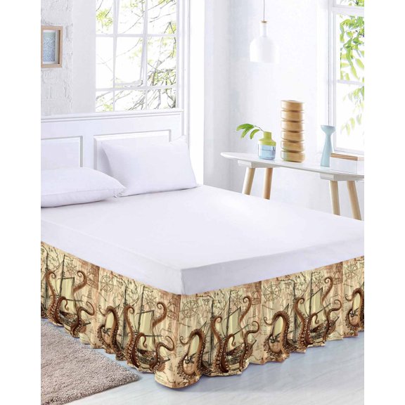 Nautical Boat Bed Skirt Queen Size 16 Inch Drop, Retro Octopus Sailing Sailing Brown Adjustable Elastic Dust Ruffles Bedskirt for Queen Bed Wrap Around Pleated Mattress Frame Cover