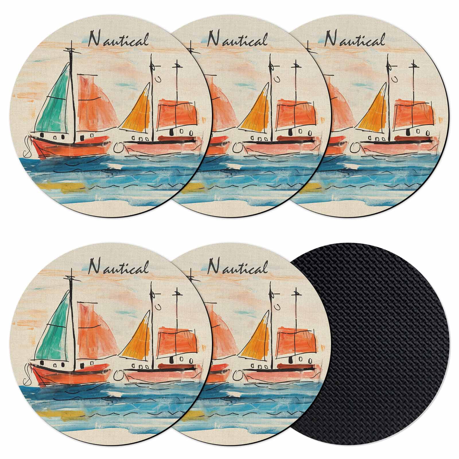 Pool Coasters Nautical Boat Coasters Set of 6, Coastal Sailing Ship Ocean Painted Sea ...