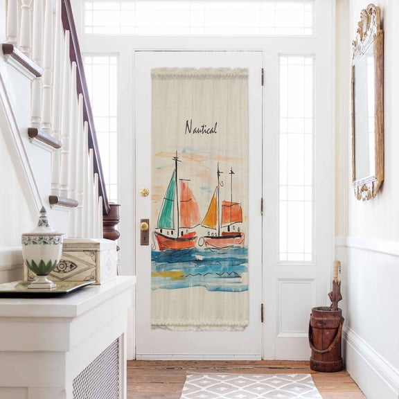 Nautical Boat, Door Curtains for Door Window, French Sidelight Front Back Door Curtains With Tieback, Coastal Sailing Ship Ocean Painted Sea Kitchen Rod Pocket Drapes Panel, 25"x72"