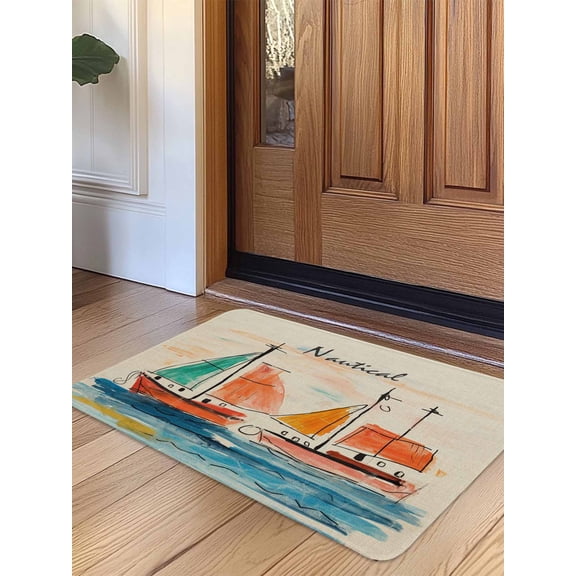 Nautical Boat, Door Mat Indoor Outdoor Entrance, Non Slip Rug for Kitchen Bathroom Entryway Rug, Coastal Sailing Ship Ocean Painted Sea Washable Doormat Floor Mat for Office 24x36 Inch