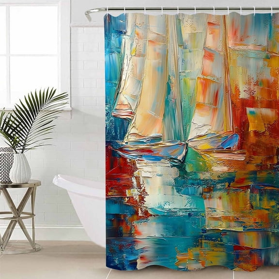 Nautical Boat Extra Long Shower Curtain Set, Waterproof Shower Curtains for Bathroom, Colorful Abstract Grunge Art Painting Washable Fabric Cloth Bath Curtain for Bathtub with Hooks 72x96 Inches
