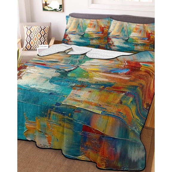 Nautical Boat King Size Down Alternative Comforter, Lightweight Comforter Quilt Bedding Set with Pillow Shams Colorful Abstract Grunge Art Painting All Seasons Bed Comforter Duvet Insert 96"x106"