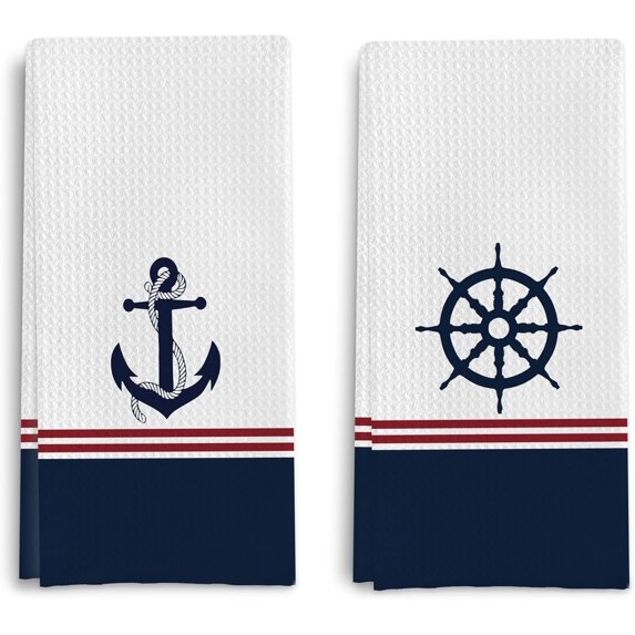 Nautical Boat Kitchen Dish Towels - Nautical Hand Towels, Gifts for Boat Owner, Coastal Kitchen Chenille Towels 18 X 26 Inches, Set of 2(White)