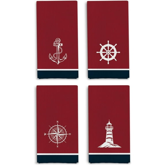 Nautical Boat Kitchen Dish Towels - Nautical Hand Towels, Gifts for Boat Owner, Coastal Kitchen Chenille Towels 18 X 26 Inches, Set of 4(Red)
